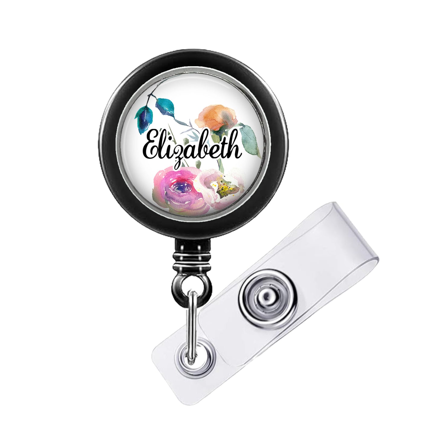 A black and white lanyard with a floral design and the name "Eliza" printed on it.