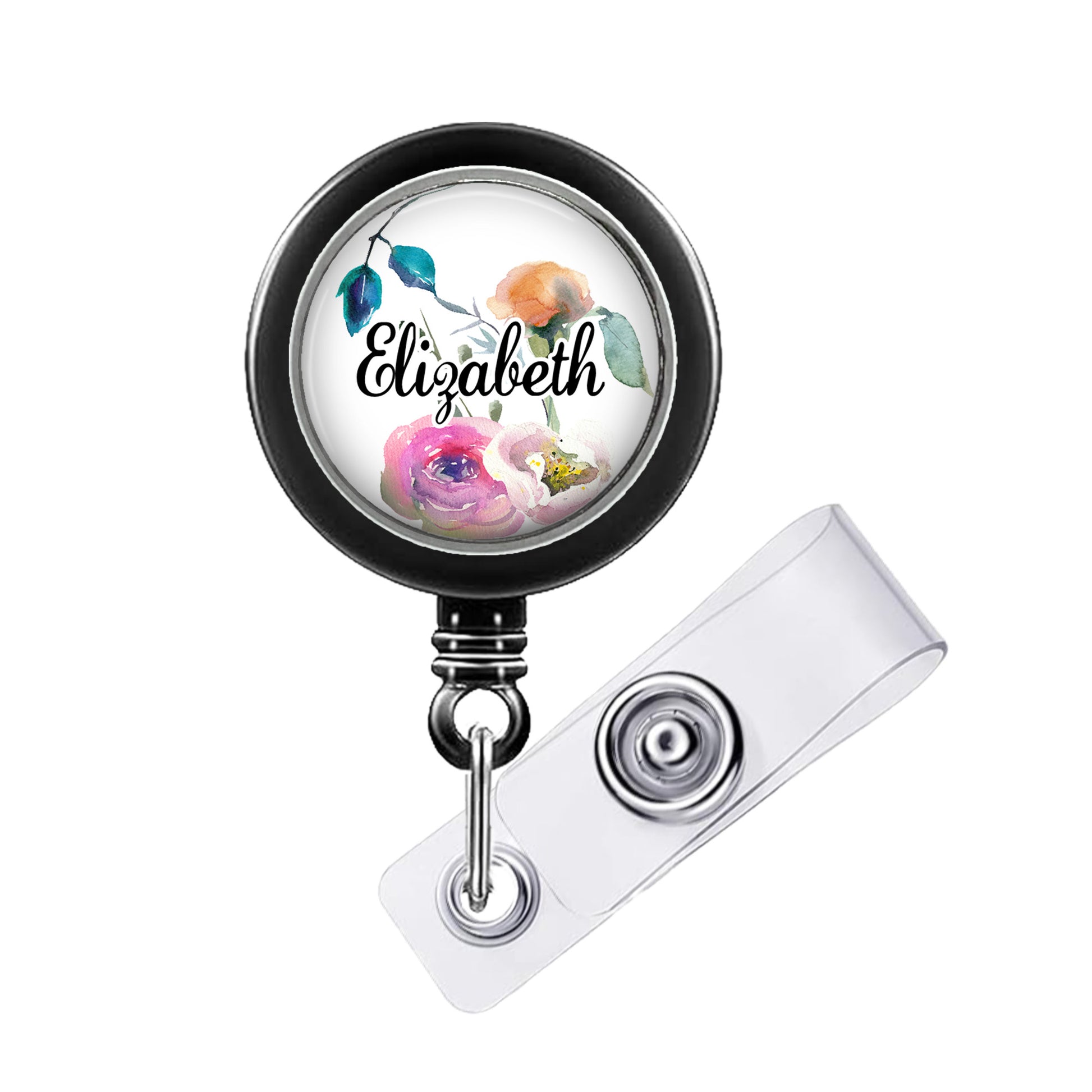A black and white lanyard with a floral design and the name "Eliza" printed on it.
