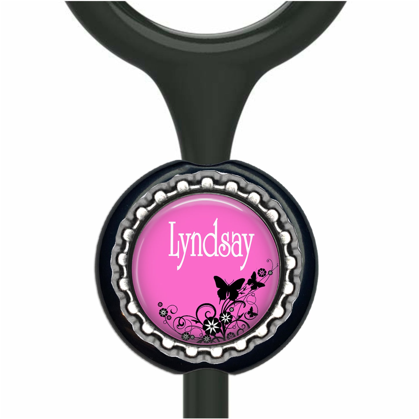 A pink and black design on a black background, with the name "Lyndsay" written on it.