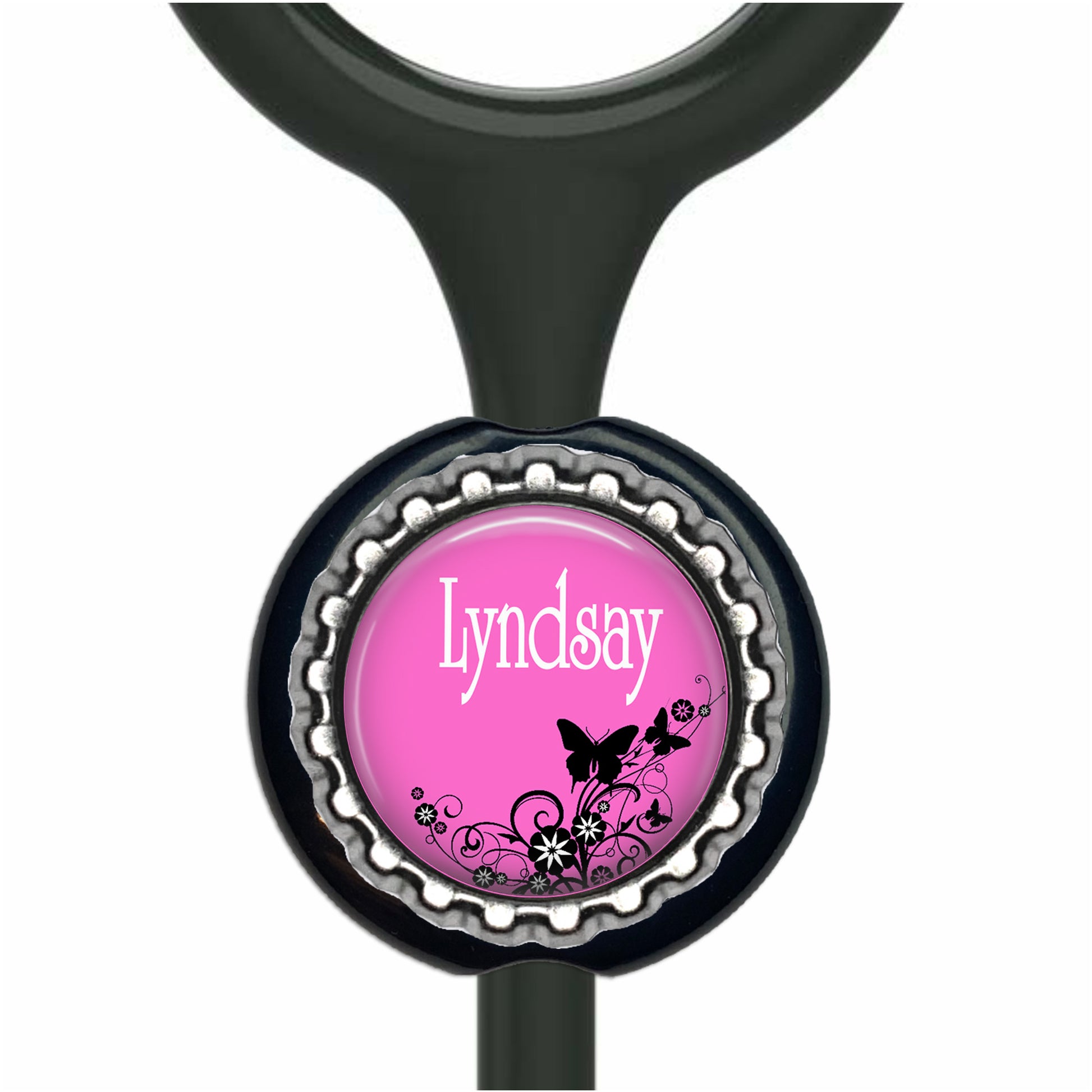 A pink and black design on a black background, with the name "Lyndsay" written on it.