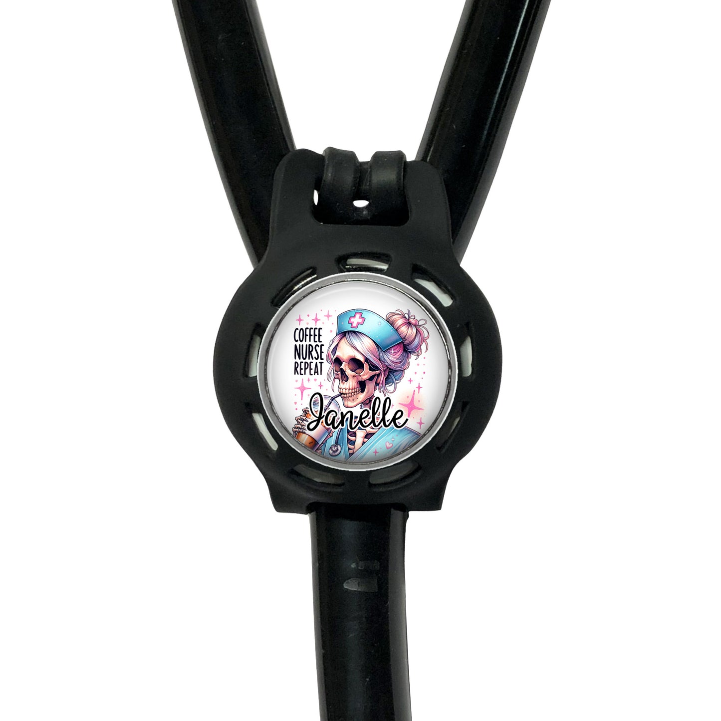 A black stethoscope with a circular badge featuring a cartoon image of a skeleton wearing a nurse's outfit and the name "Janelle".