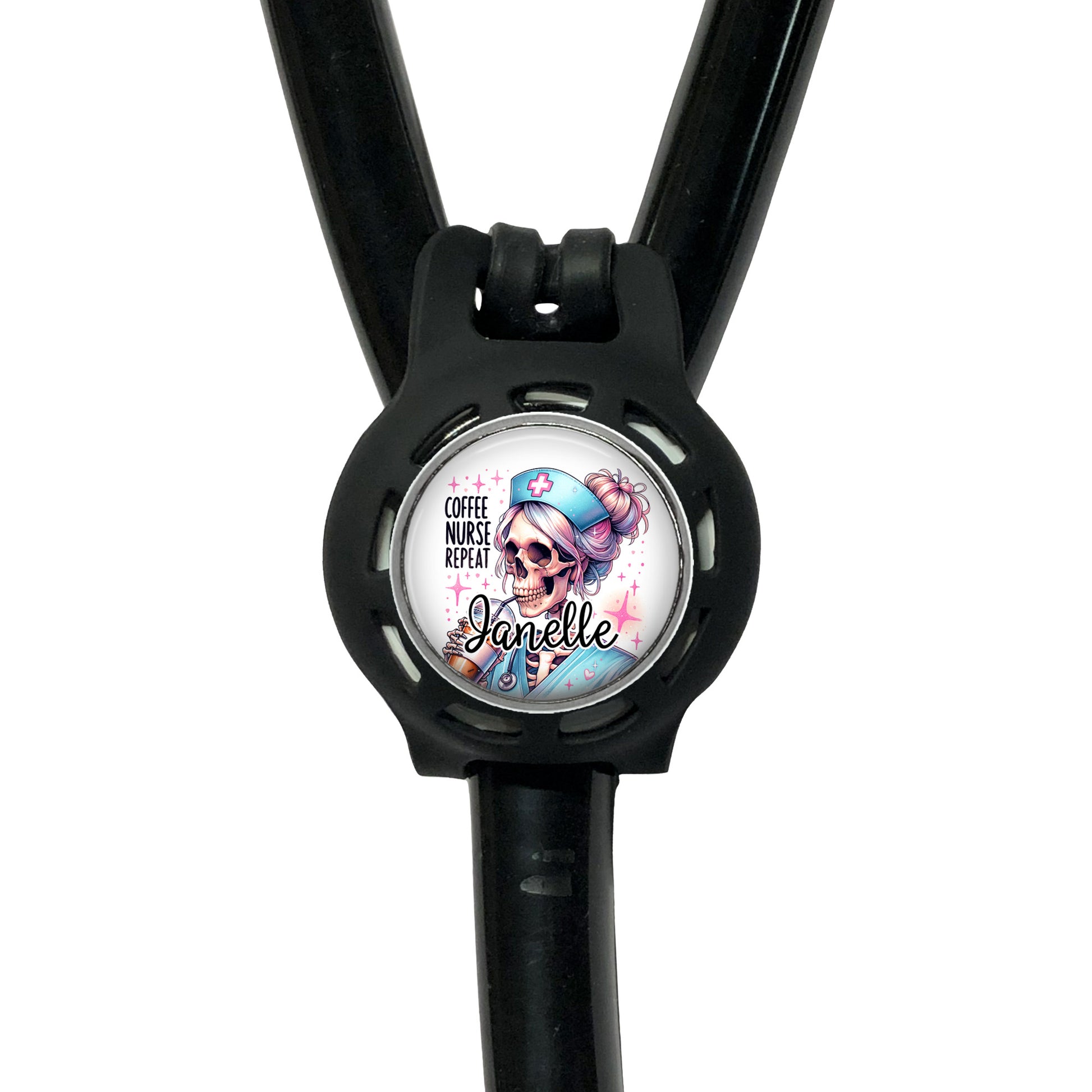 A black stethoscope with a circular badge featuring a cartoon image of a skeleton wearing a nurse's outfit and the name "Janelle".