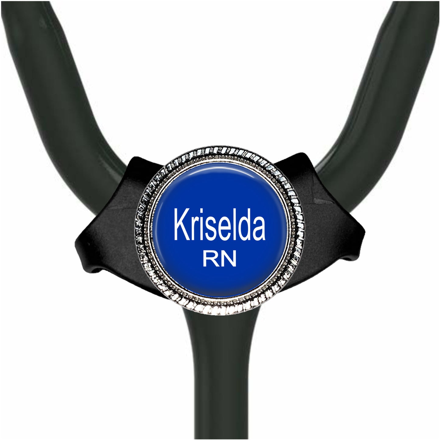 A stethoscope with a personalized name badge on it.