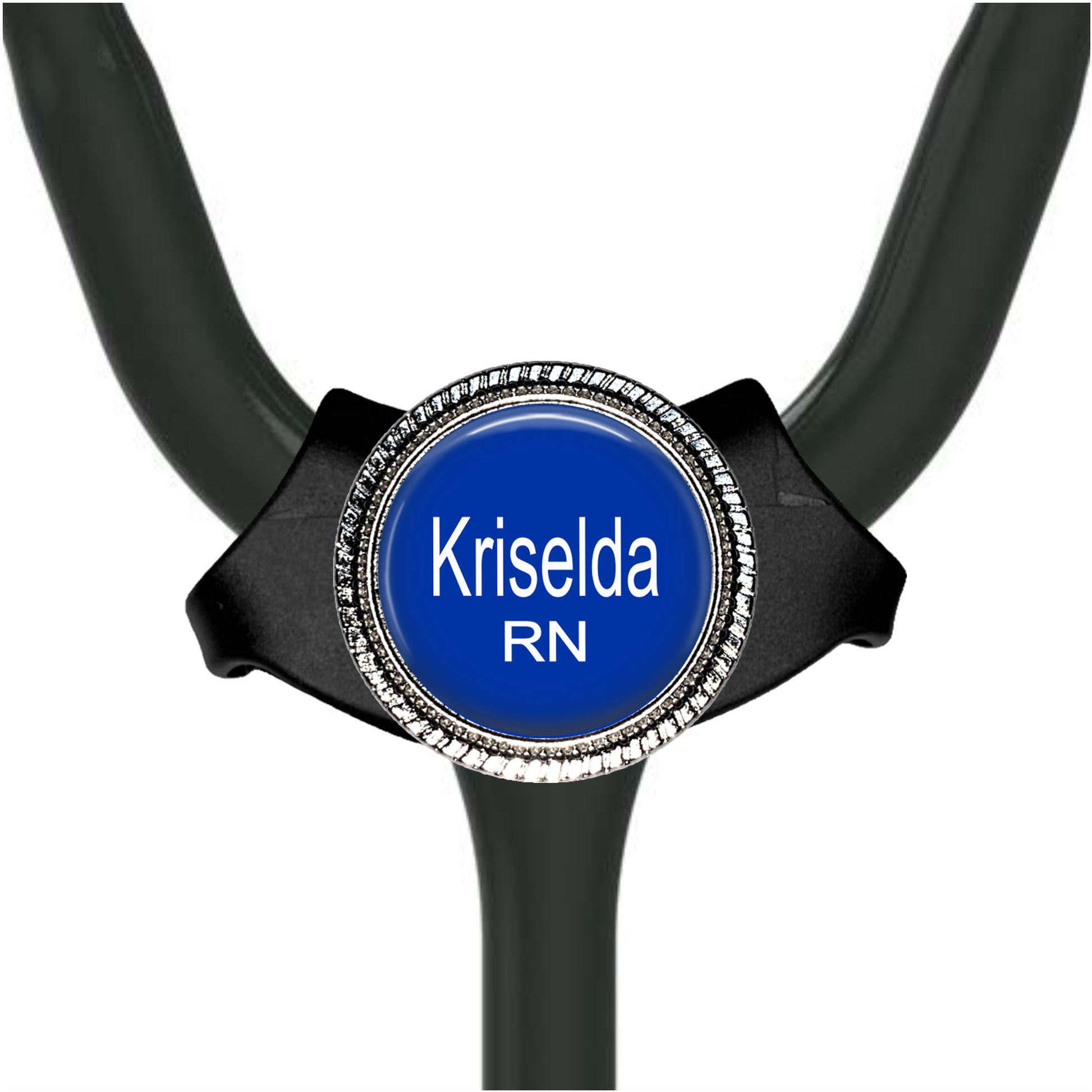 A stethoscope with a personalized name badge on it.