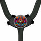 A black stethoscope with a colorful, circular charm featuring a skull design and the word "Irish" written on it.