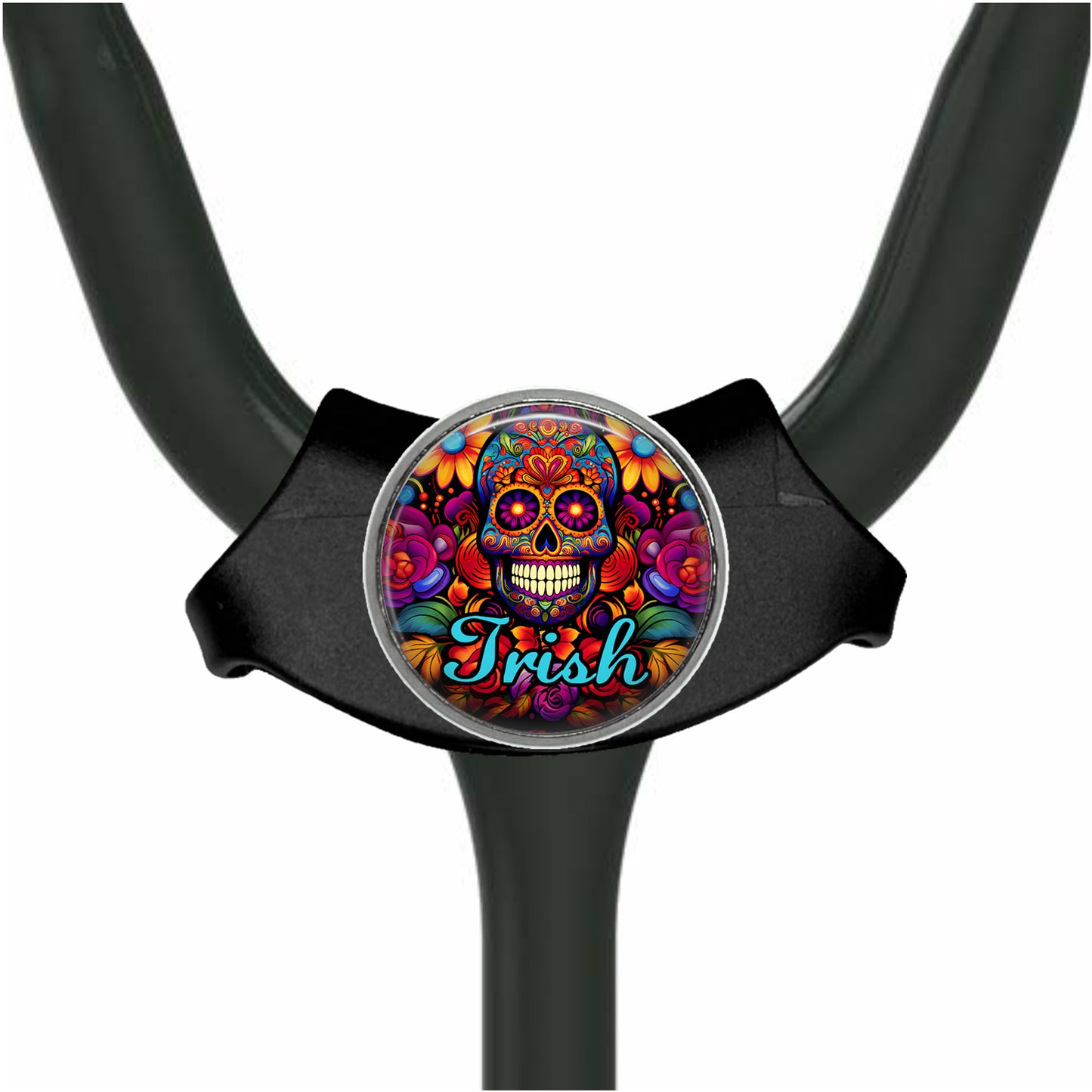 A black stethoscope with a colorful, circular charm featuring a skull design and the word "Irish" written on it.