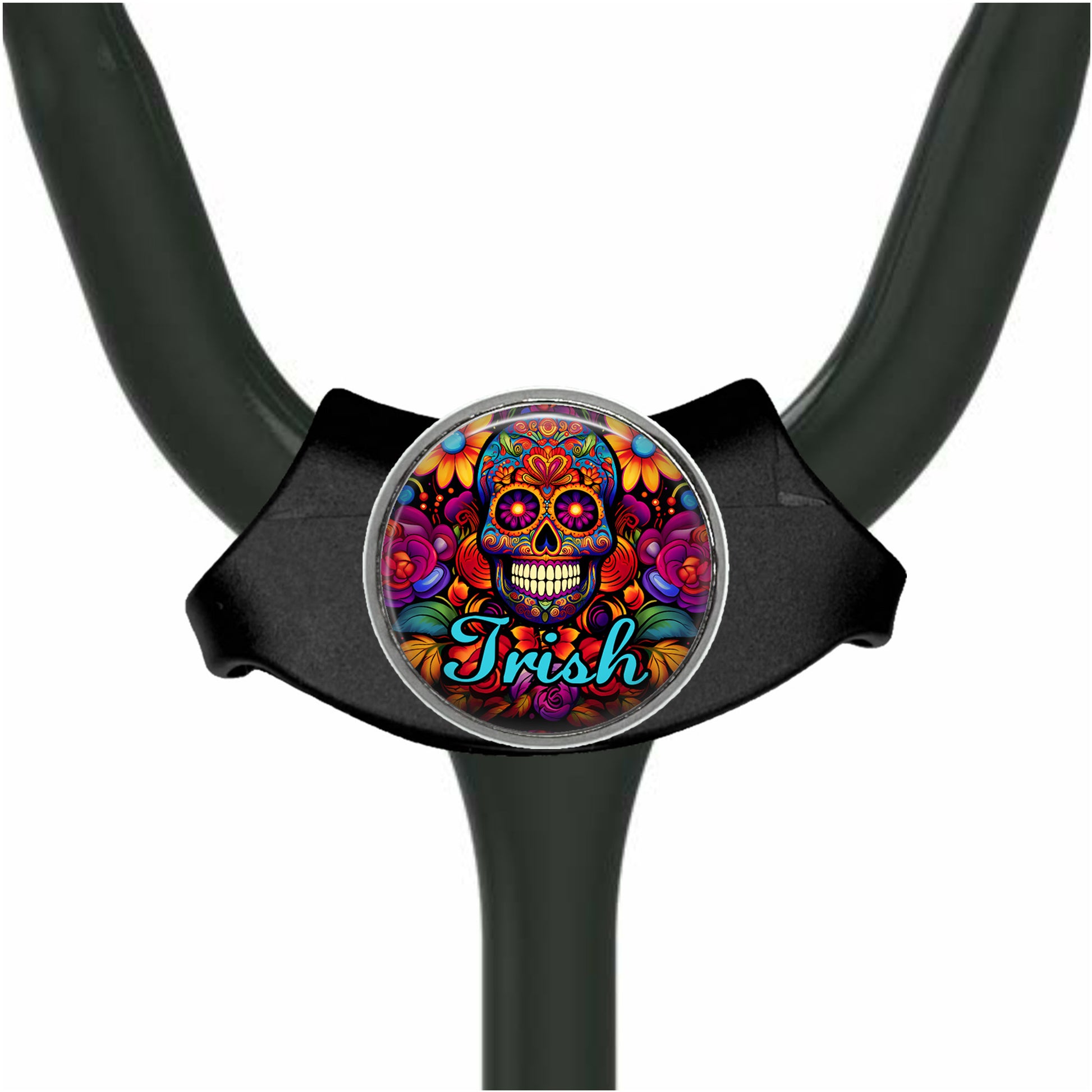 A black stethoscope with a colorful, circular charm featuring a skull design and the word "Irish" written on it.