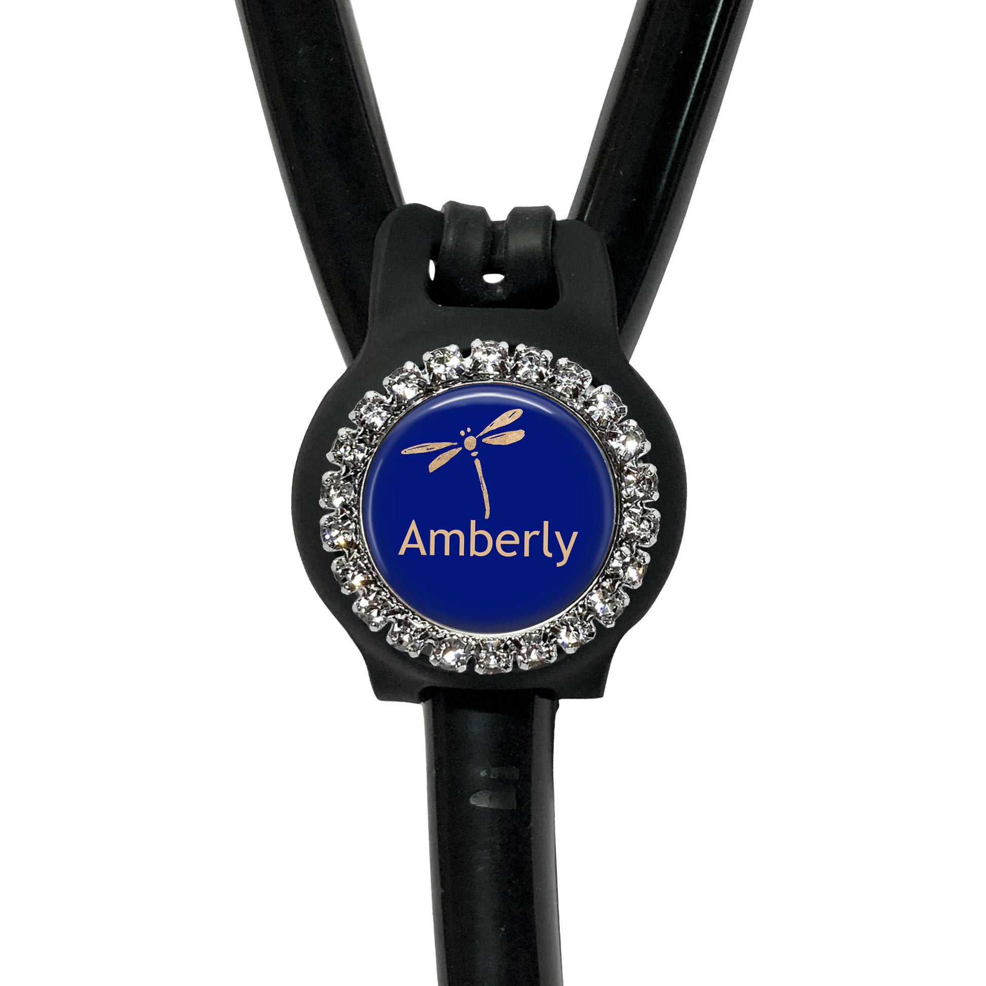 A black stethoscope with a blue and silver rhinestone-encrusted circular badge that says "Amberly".
