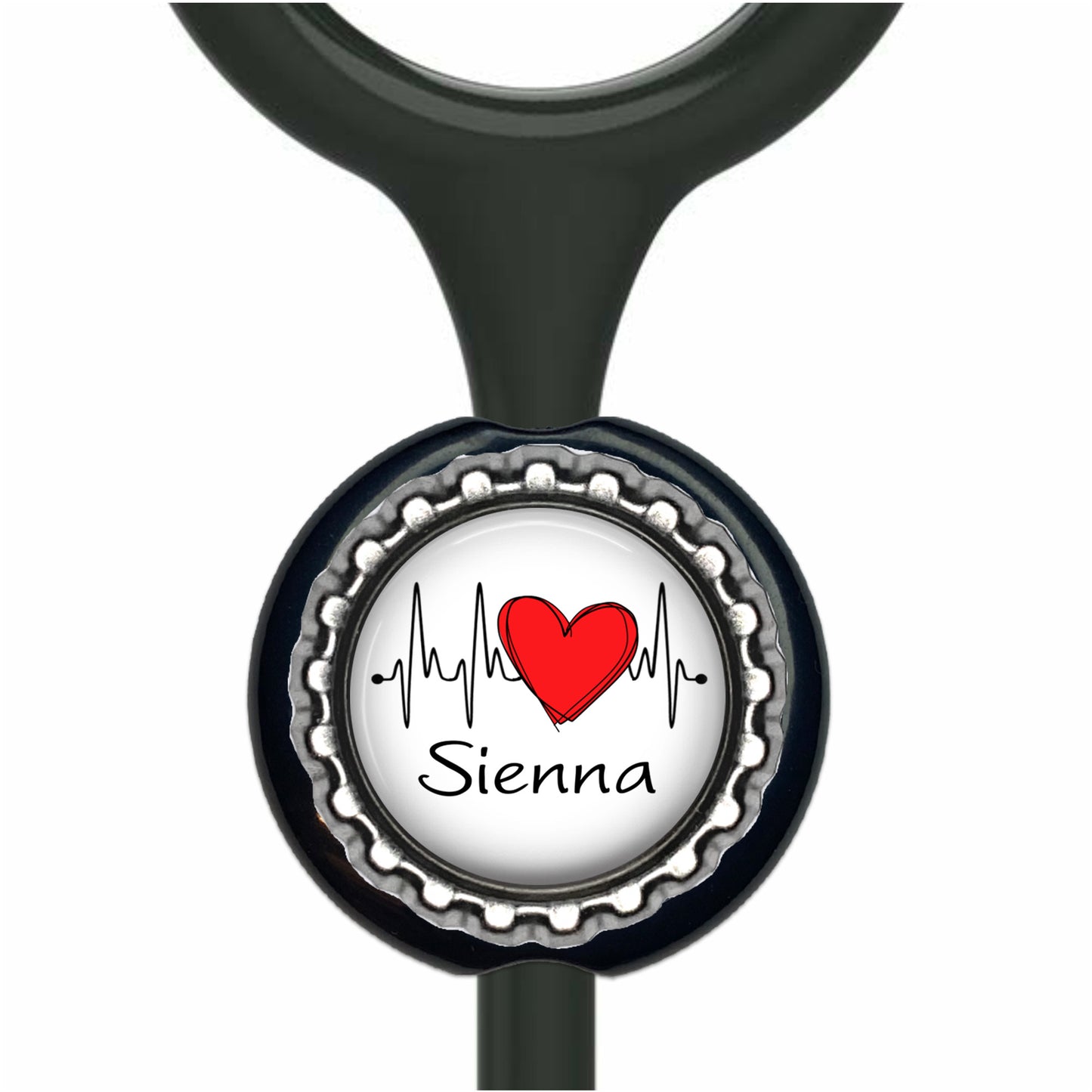 A black stethoscope with a personalized heart-shaped charm attached to it. The charm features a red heart and a line graph, with the word "Senna" written below it.