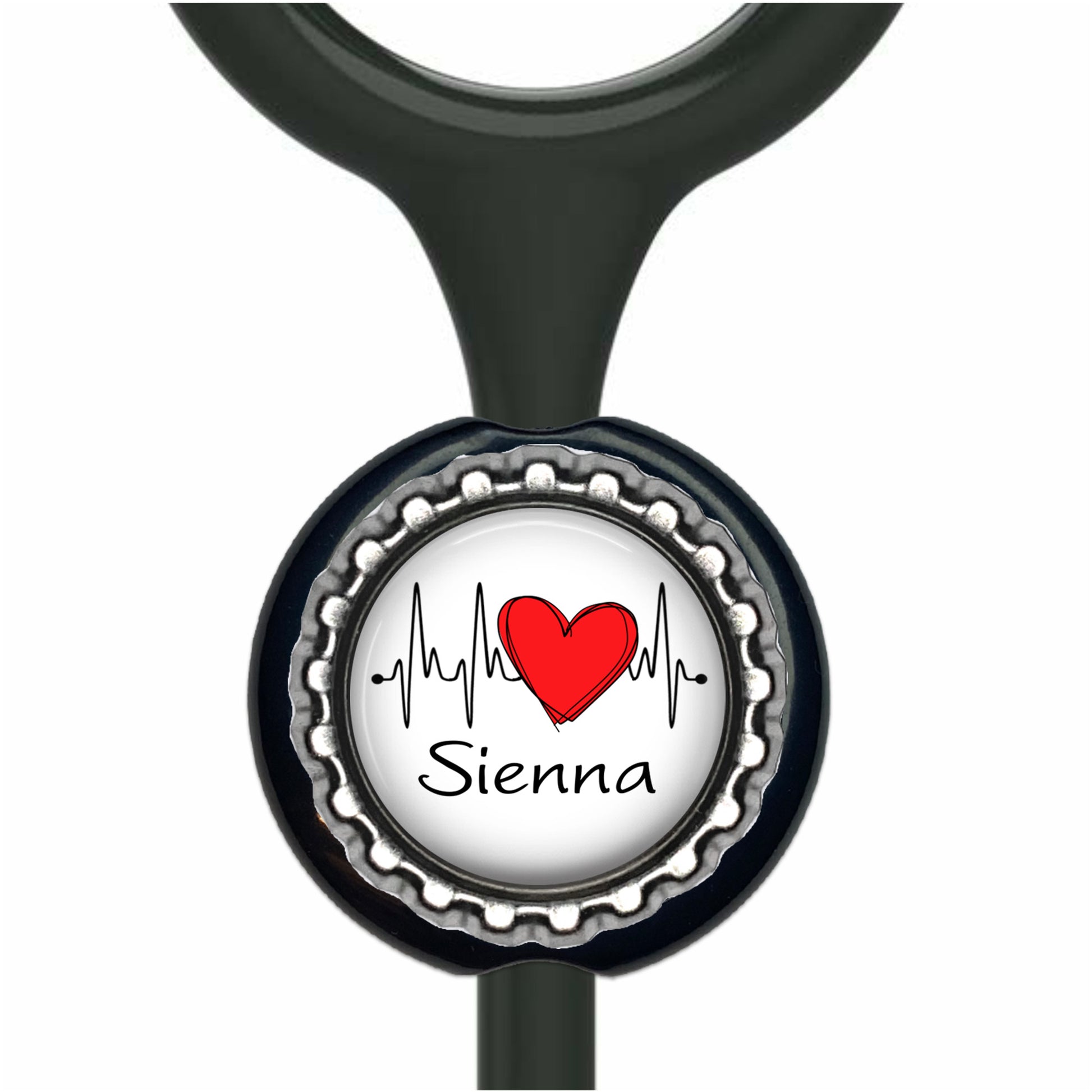 A black stethoscope with a personalized heart-shaped charm attached to it. The charm features a red heart and a line graph, with the word "Senna" written below it.