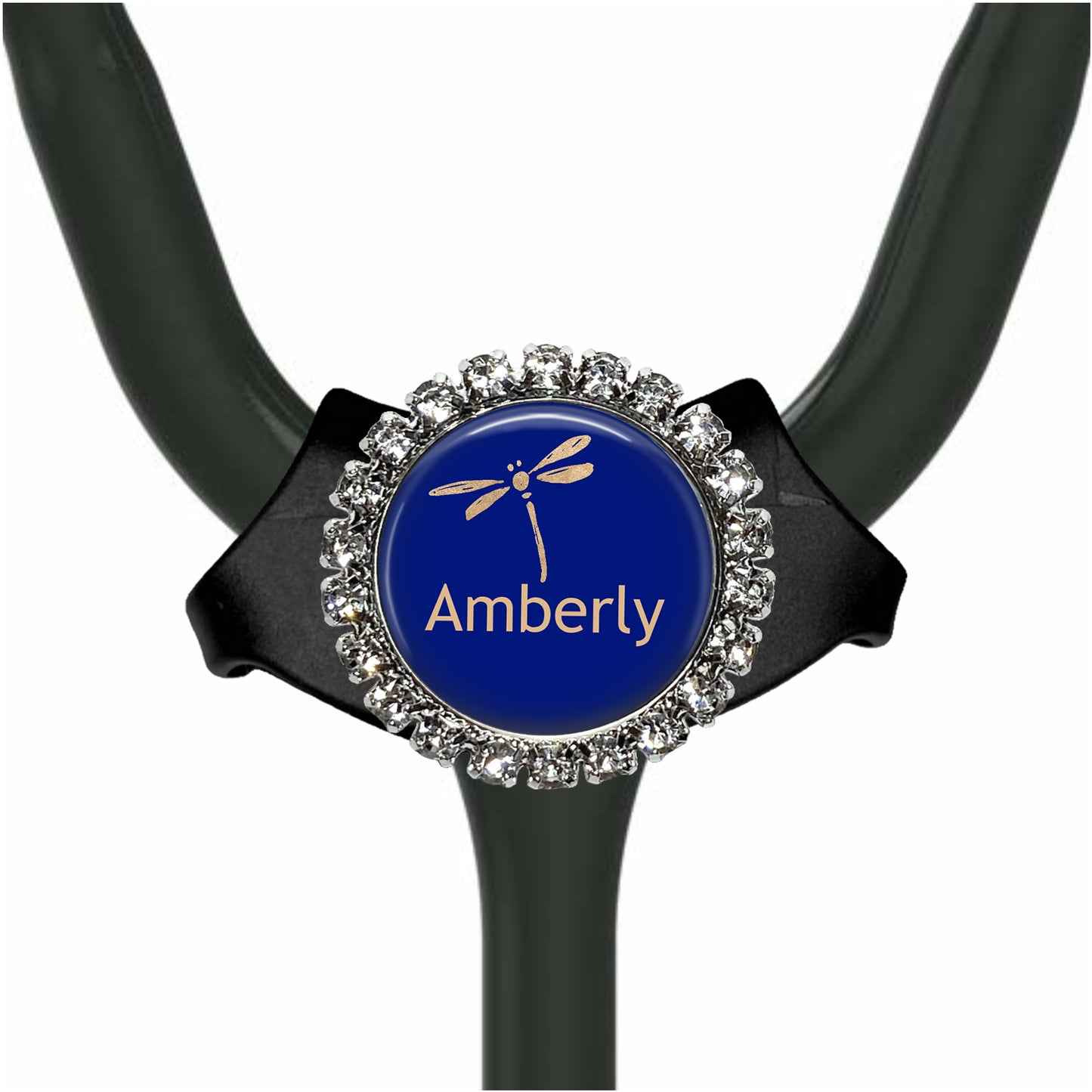 A stethoscope with a blue and gold rhinestone-encrusted circular badge that says "Amberly".