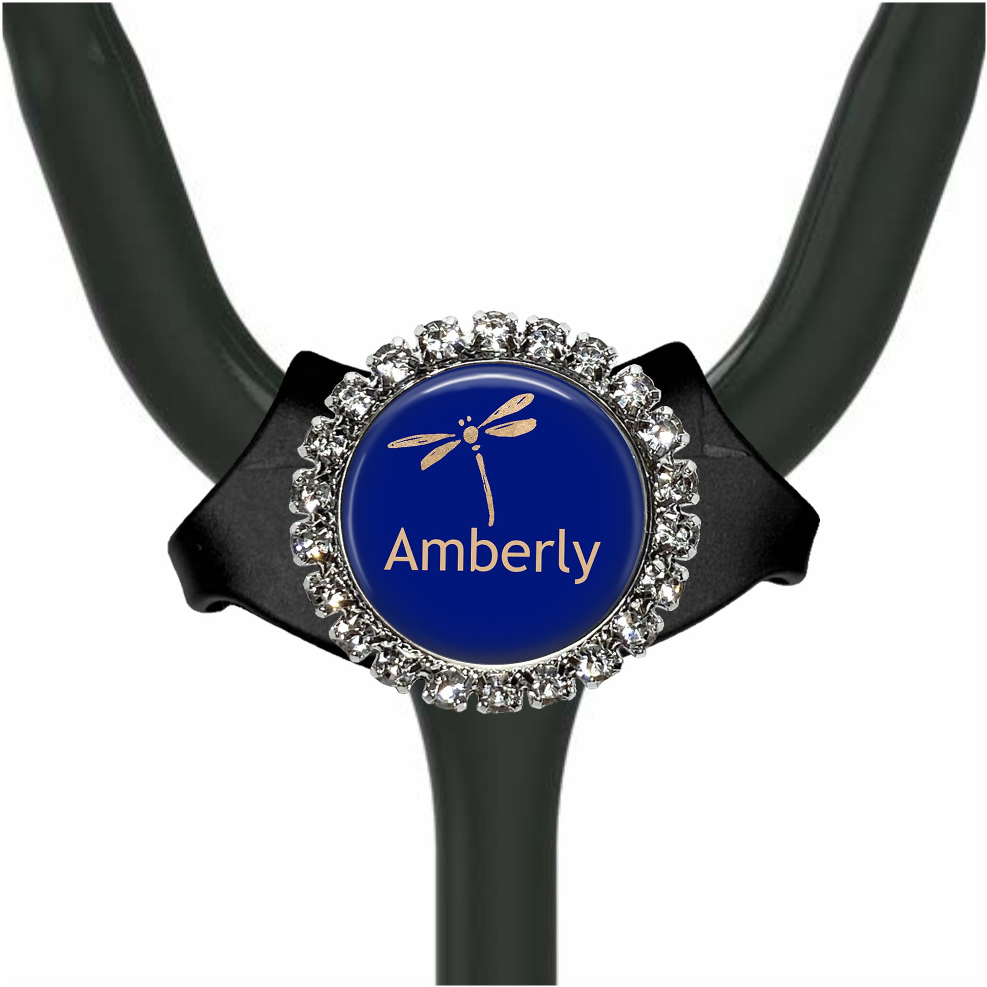 A stethoscope with a blue and gold rhinestone-encrusted circular badge that says "Amberly".