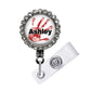 A personalized badge or lanyard with a handprint design and the name "Ashley" printed on it.