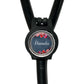 A black stethoscope with a personalized name badge attached to it.