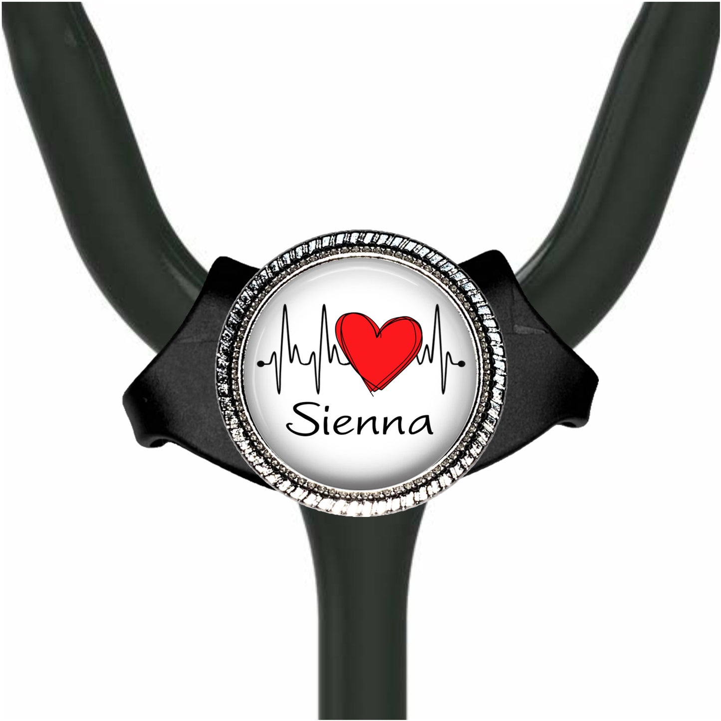 A black stethoscope with a round badge on the handle, featuring a red heart and the word "Sienna" written on it.