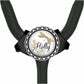A black stethoscope with a round, decorative cap featuring a dragonfly and the word "Holly" written on it.