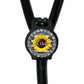 A black stethoscope with a personalized name badge attached to it. The name badge features a sunflower design and is decorated with rhinestones.