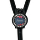 A black stethoscope with a personalized name badge attached to it.