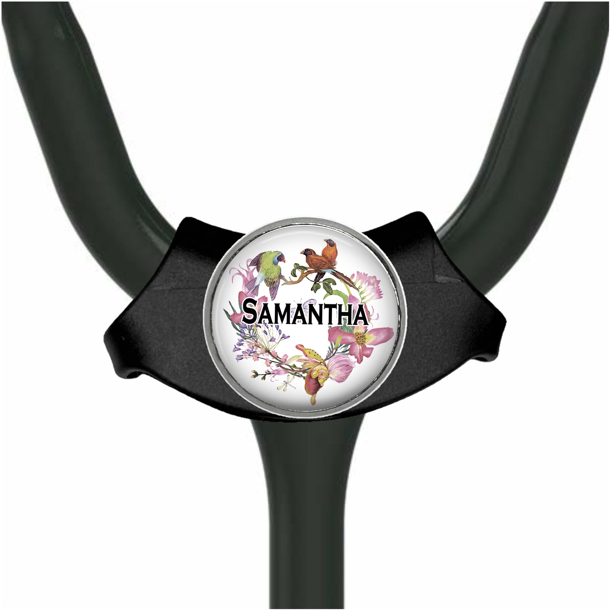 A personalized nameplate with a floral design, featuring a bird and a flower.