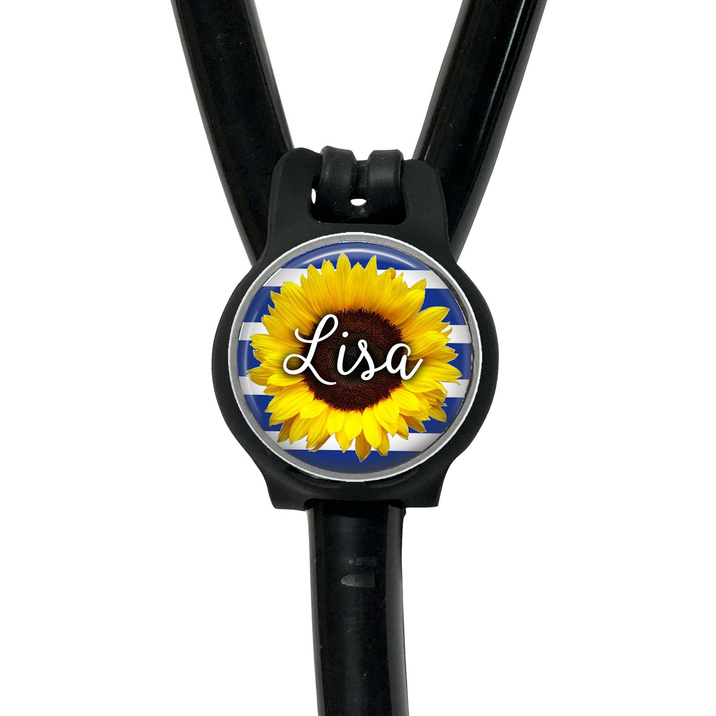 A black stethoscope with a round, personalized name tag attached to it.