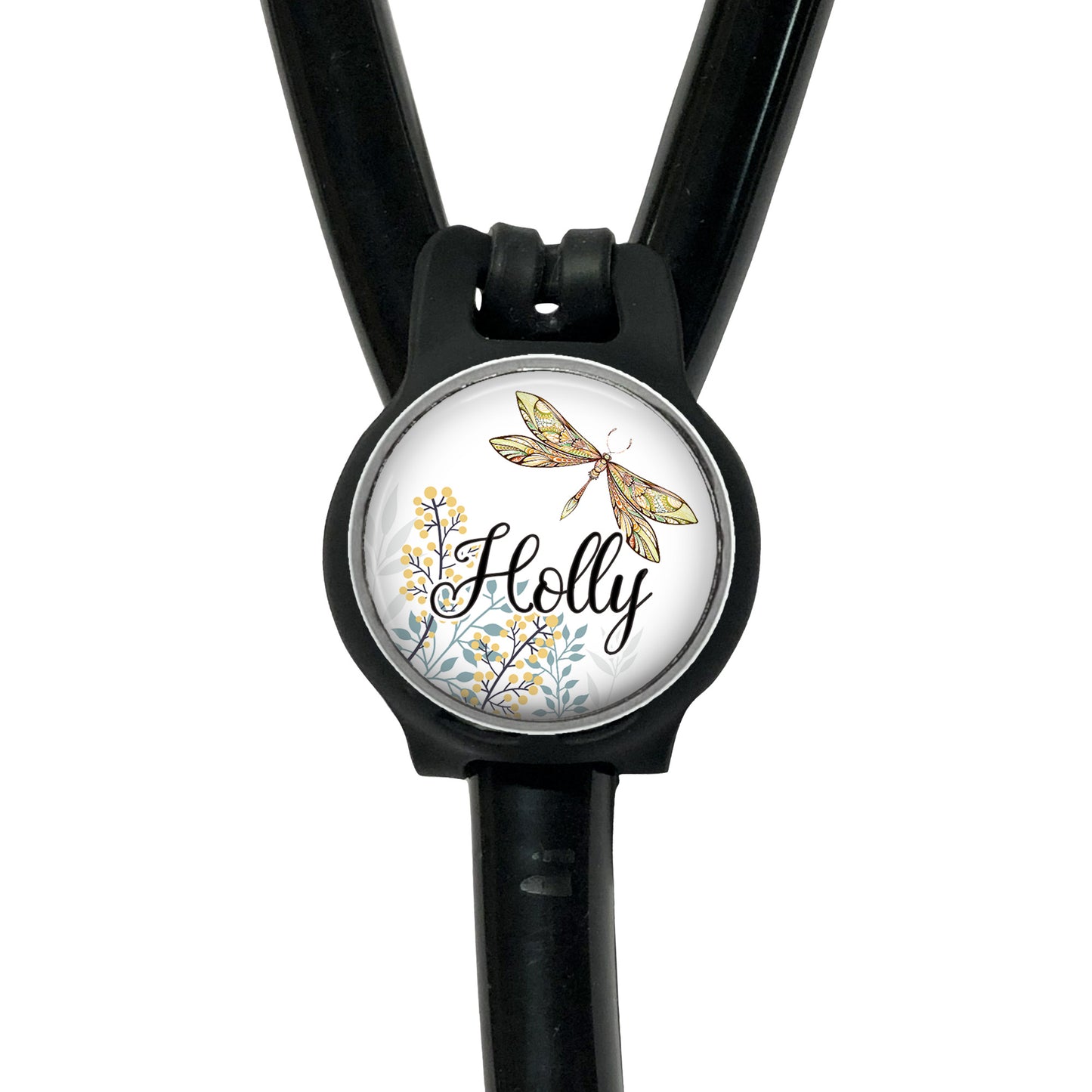 A black stethoscope with a round, decorative badge featuring a butterfly and the name "Holly" written on it.