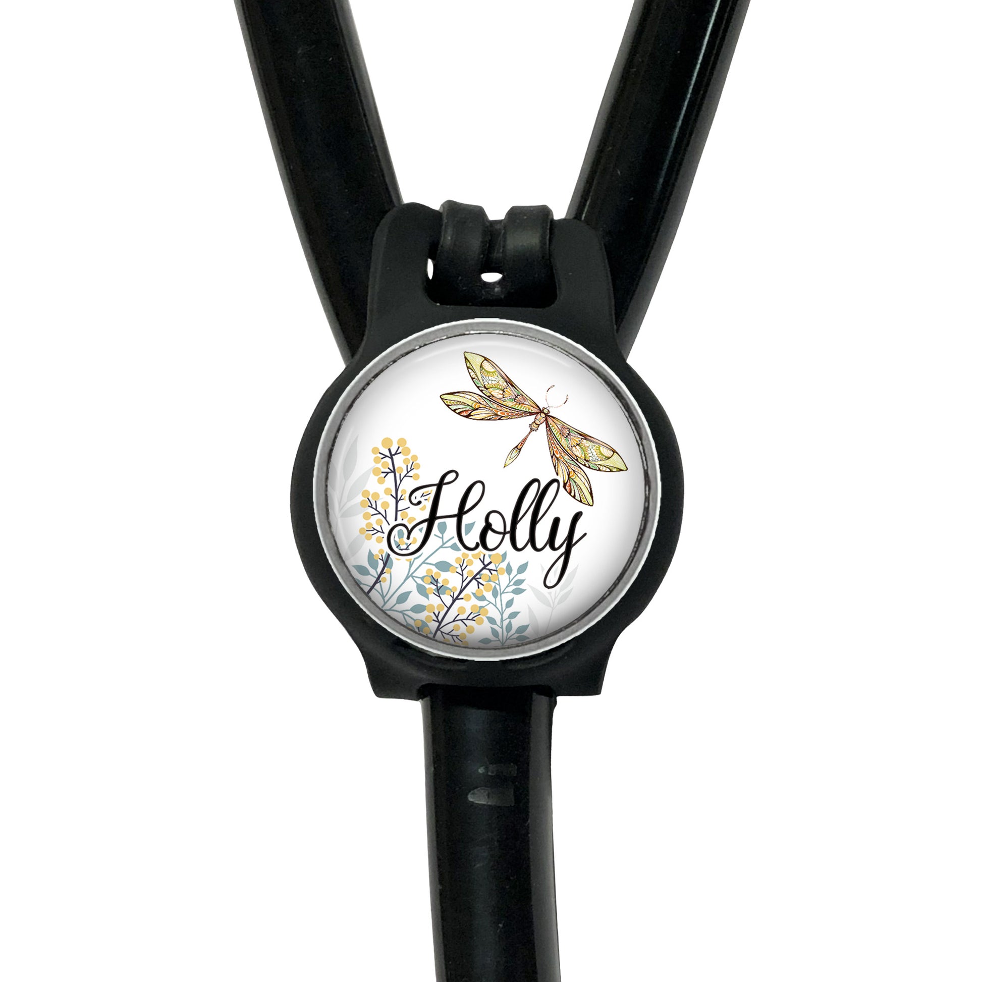 A black stethoscope with a round, decorative badge featuring a butterfly and the name "Holly" written on it.