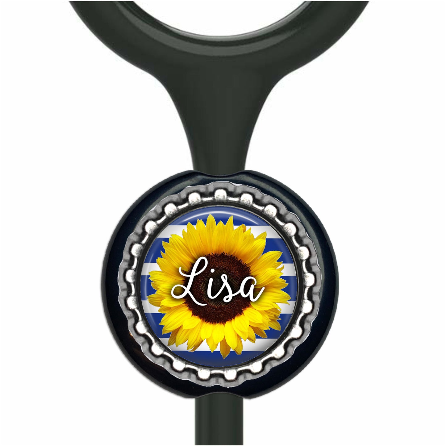 A black stethoscope with a round, personalized nameplate featuring a yellow sunflower.
