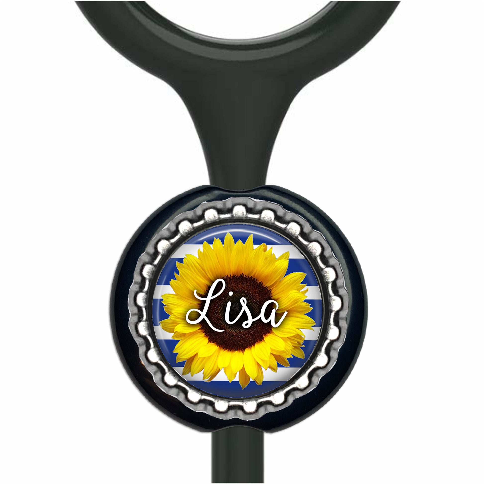 A black stethoscope with a round, personalized nameplate featuring a yellow sunflower.