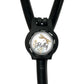 A black stethoscope with a round decal on it, featuring a dragonfly and flowers.