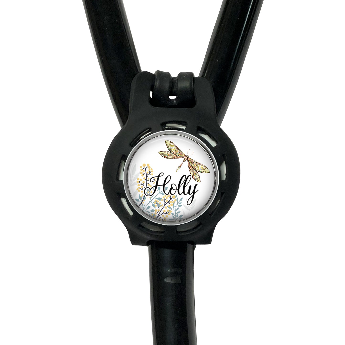 A black stethoscope with a round decal on it, featuring a dragonfly and flowers.