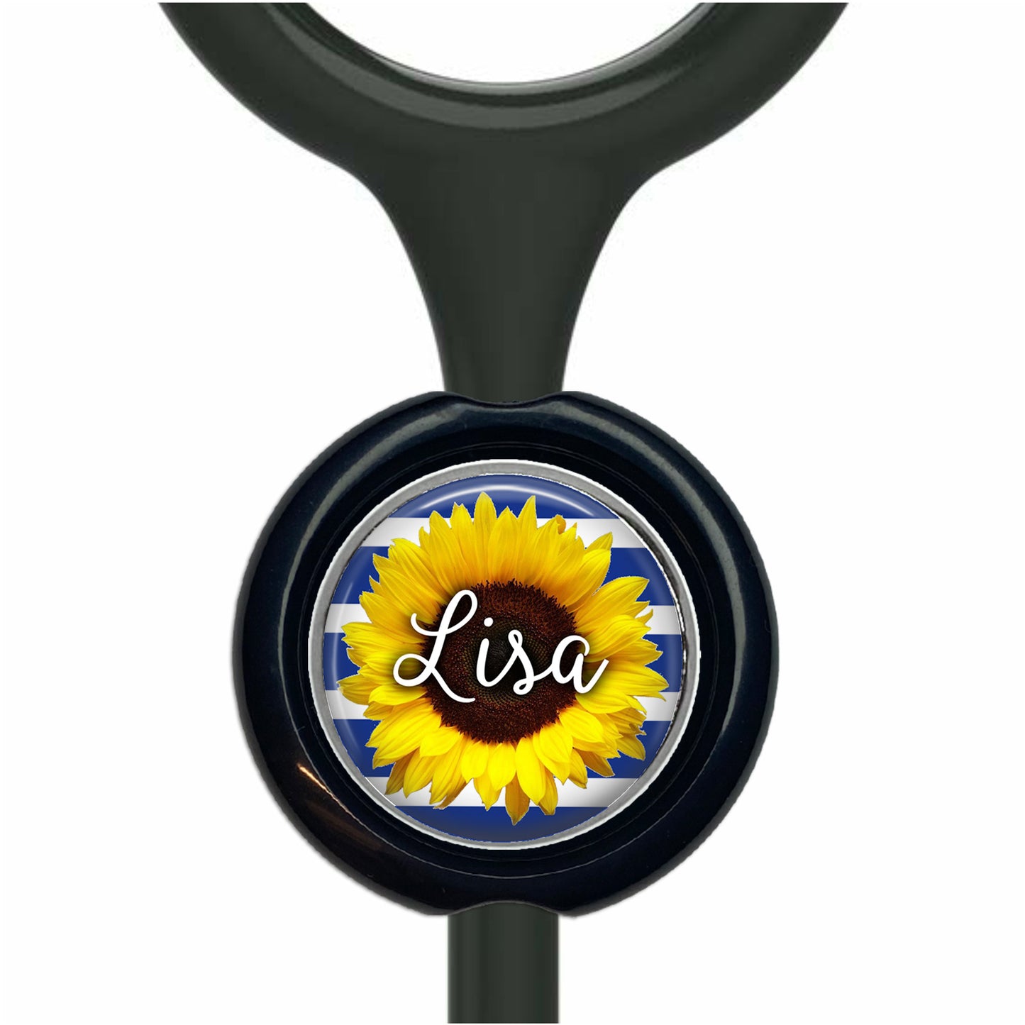 A black stethoscope with a round, black and blue circular charm featuring a yellow sunflower.