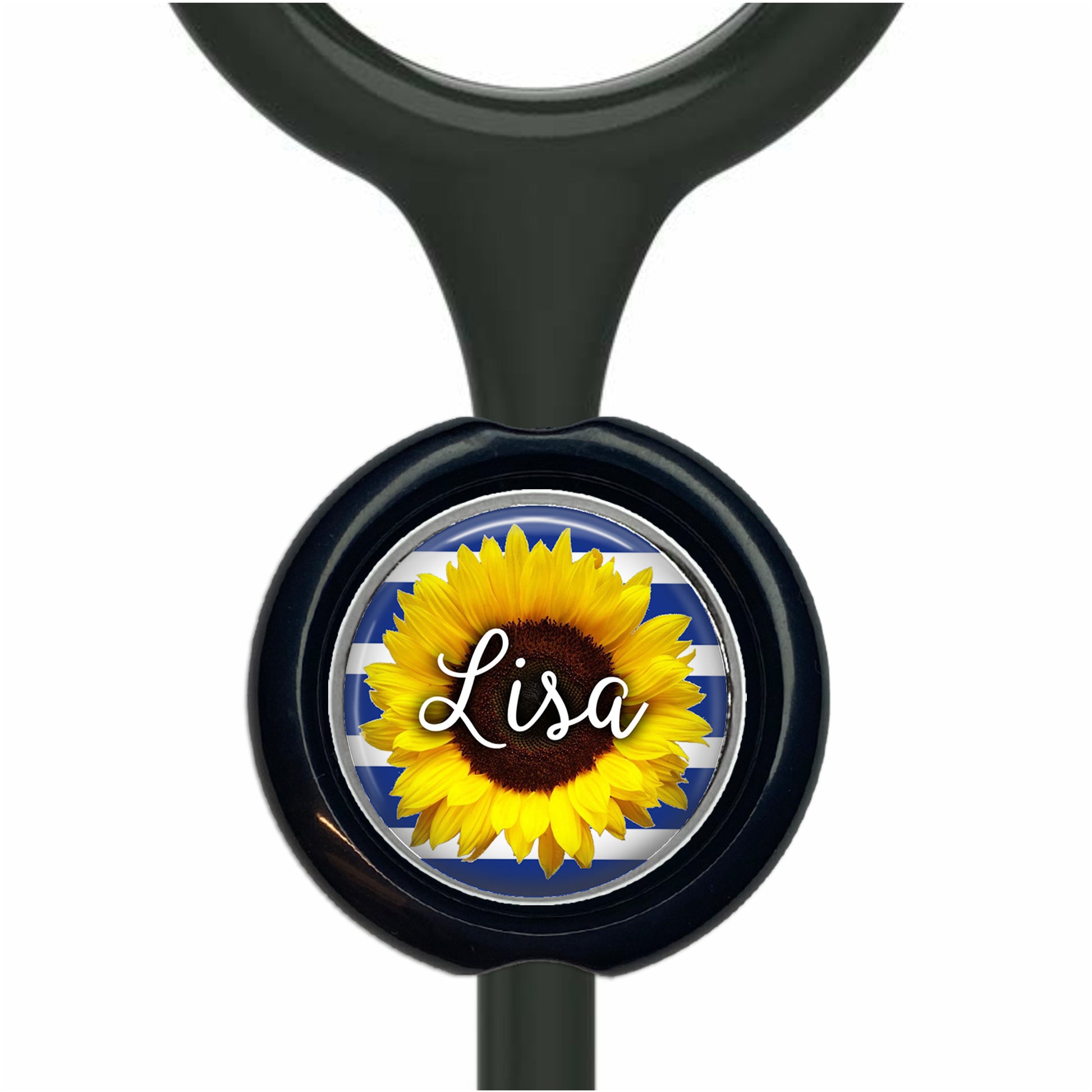 A black stethoscope with a round, black and blue circular charm featuring a yellow sunflower.