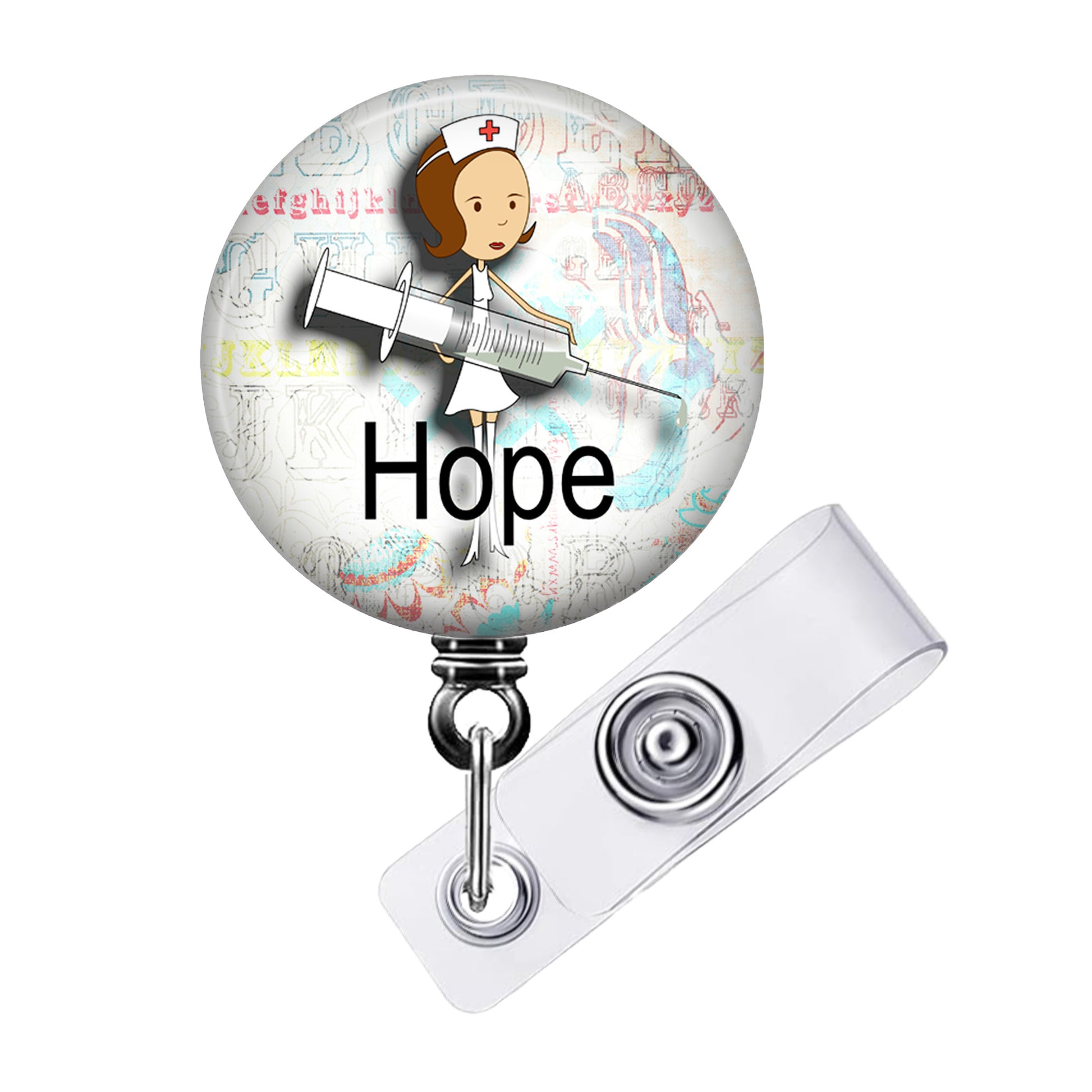 a badge holder with a picture of a nurse on it