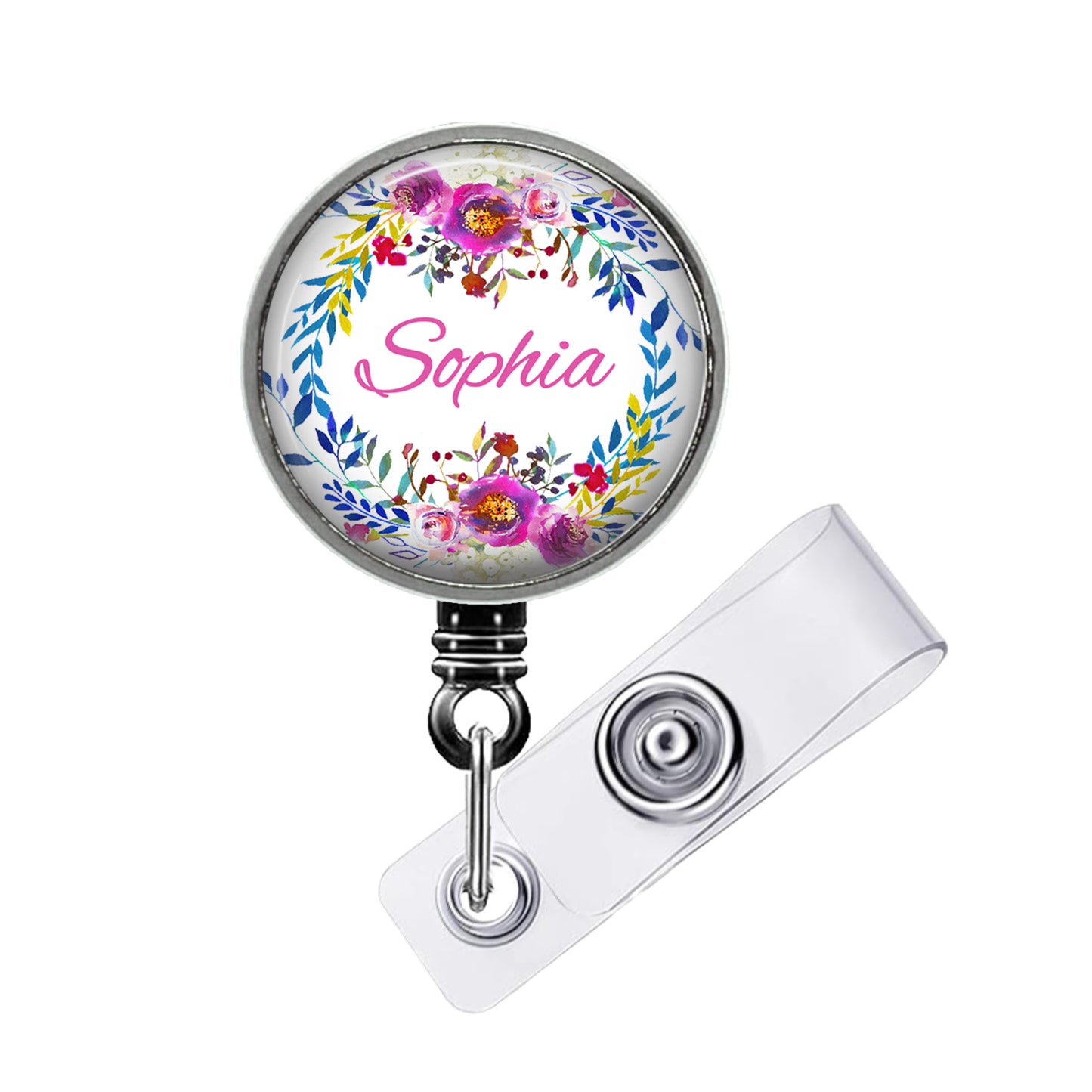 A round badge holder with a floral design and the name "Sophia" printed on it.