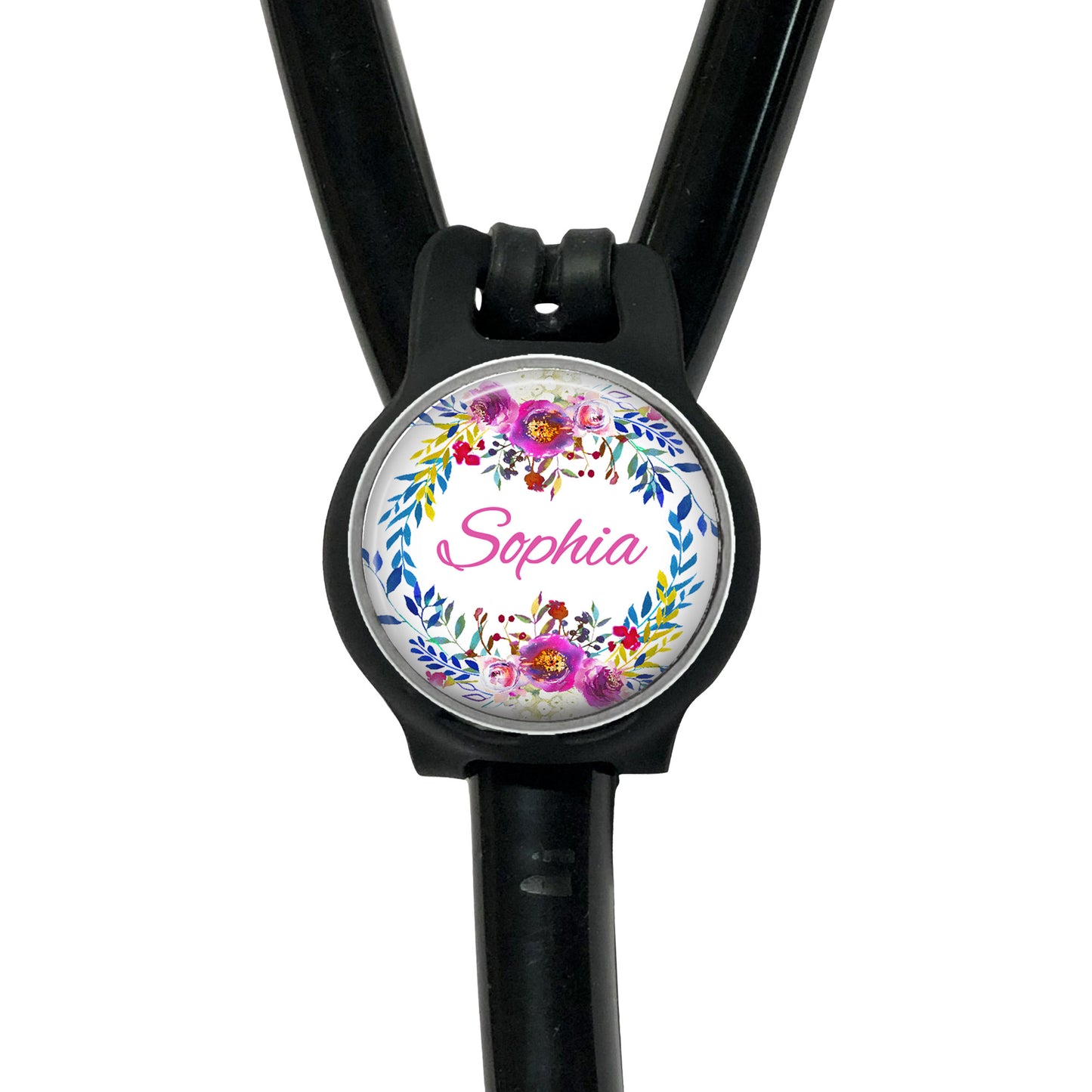 A personalized name badge with a floral design and the name "Sophia" printed on it.