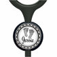 A personalized nameplate with a black and white design featuring a pair of footprints and the name "Jessie" written on it.