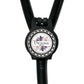 A black stethoscope with a round badge on the handle.