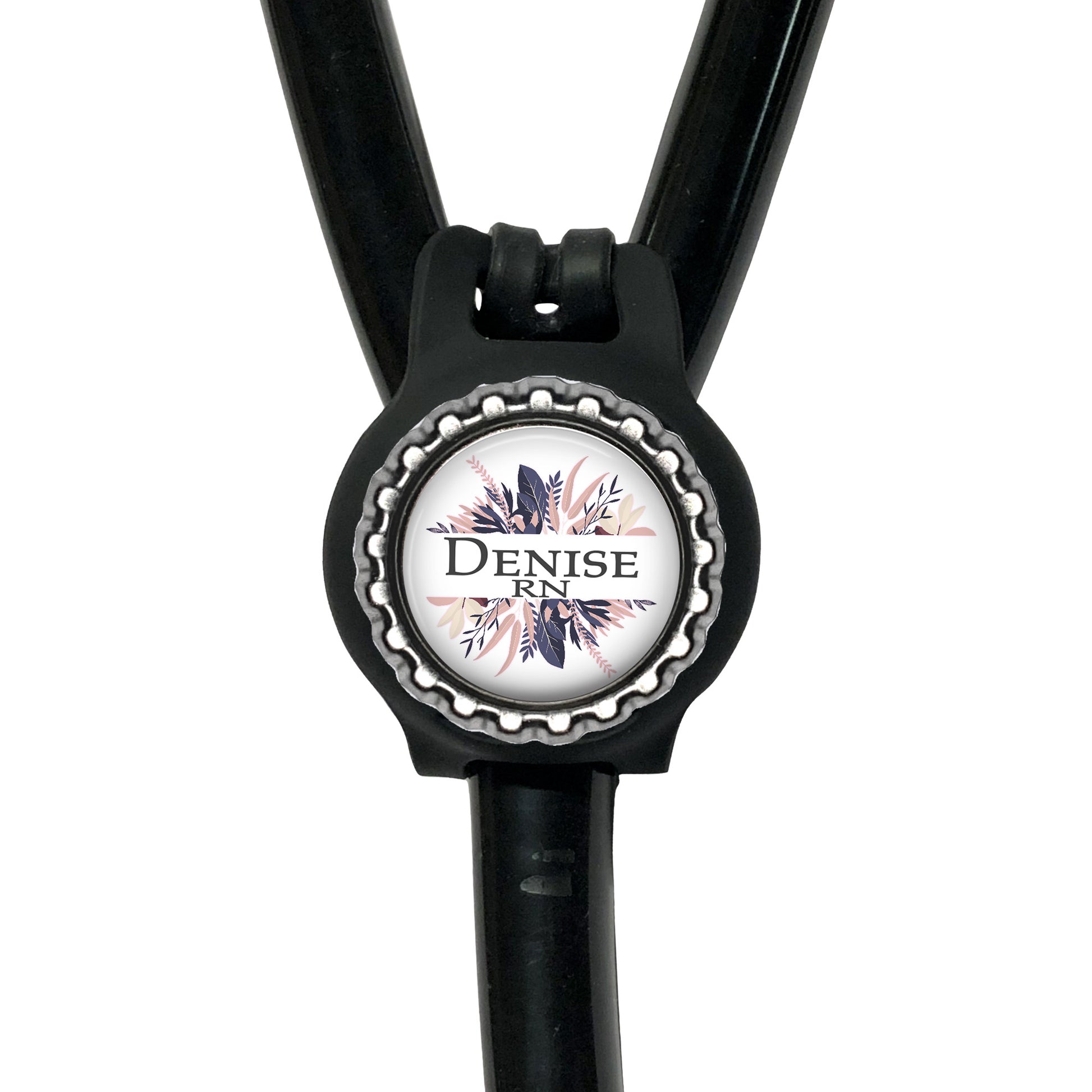 A black stethoscope with a round badge on the handle.