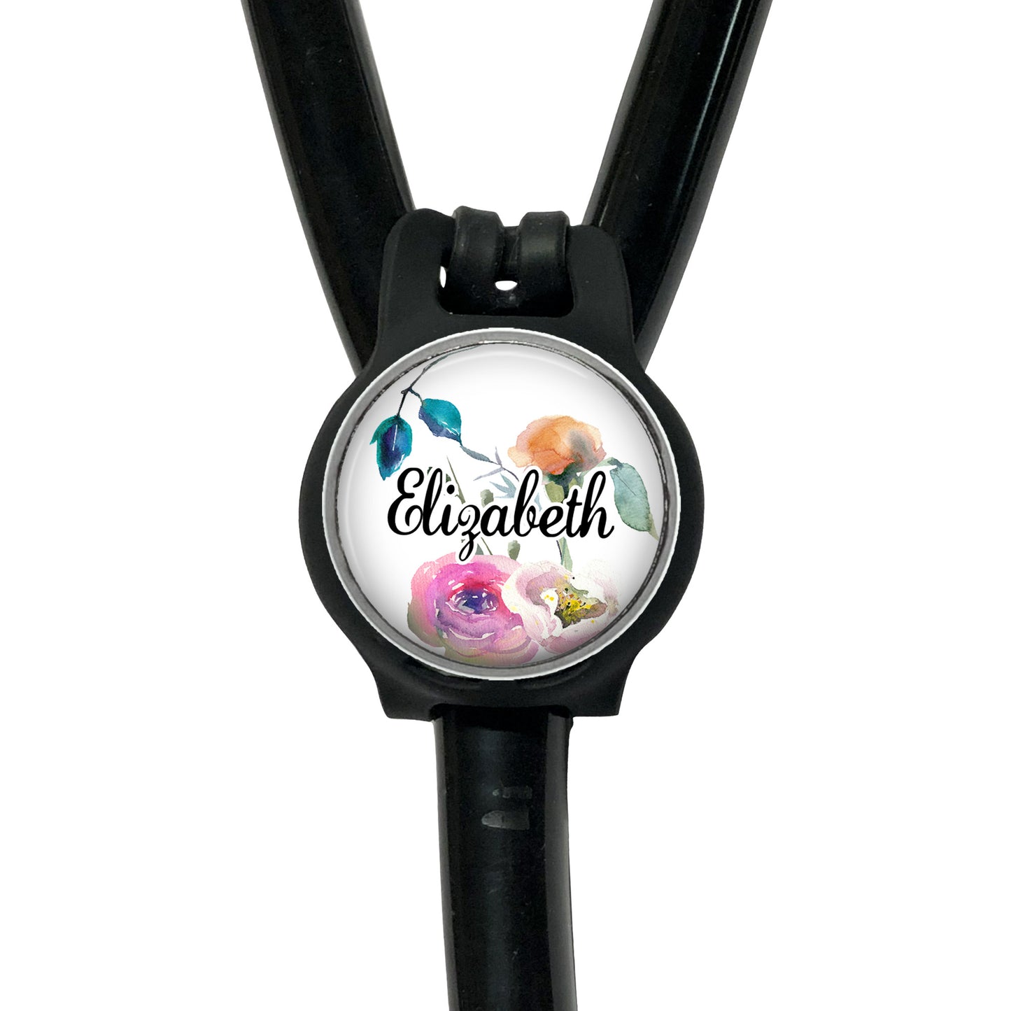 A black stethoscope with a round, personalized nameplate attached to it.