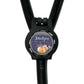A black stethoscope with a round, personalized name tag attached to it.