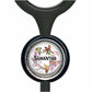 A personalized nameplate with a black handle and a circular design featuring a bird and flowers.
