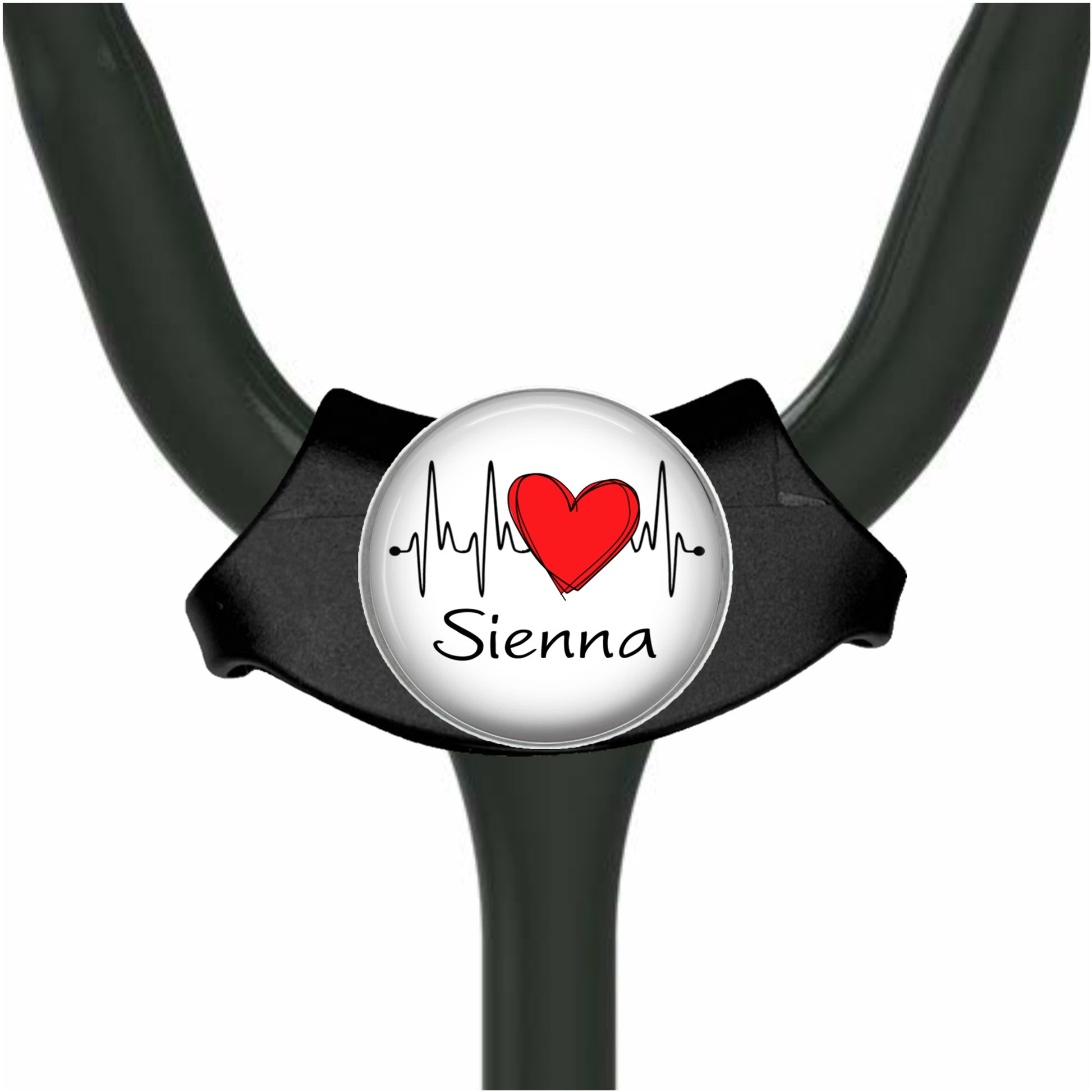 A stethoscope with a personalized name badge on it.