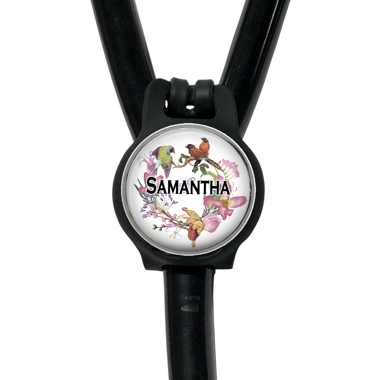 A personalized nameplate with a floral design, attached to a stethoscope.