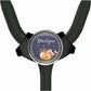 A black adjustable bracelet with a decorative metal frame featuring a floral design and the name "Harold" written on it.