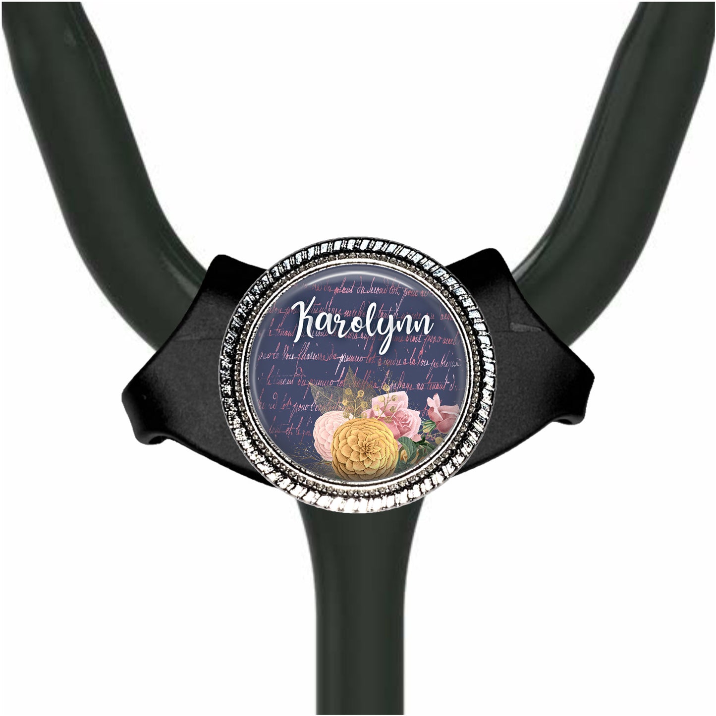 A black adjustable bracelet with a decorative metal frame featuring a floral design and the name "Harold" written on it.