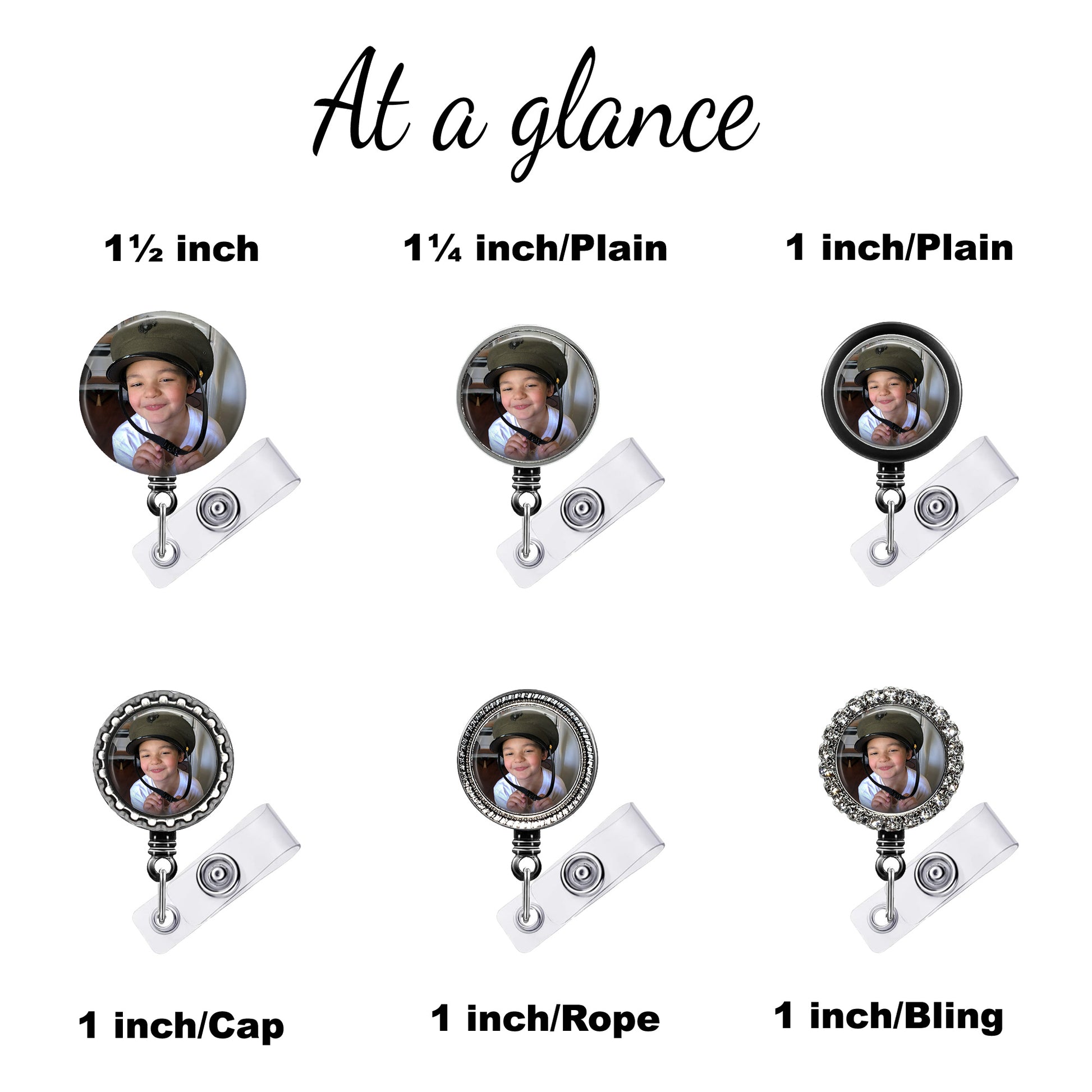 six different badge designs, each with a unique size and shape. The badge designs include a 1/2 inch cap, a 1/2 inch plain, a 1 inch/Plain, a 1 inch/Plain, a 1 inch/Rope, and a 1 inch/Bling.