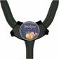A black stethoscope with a round, decorative badge featuring a floral design and the name "Harold" written on it.