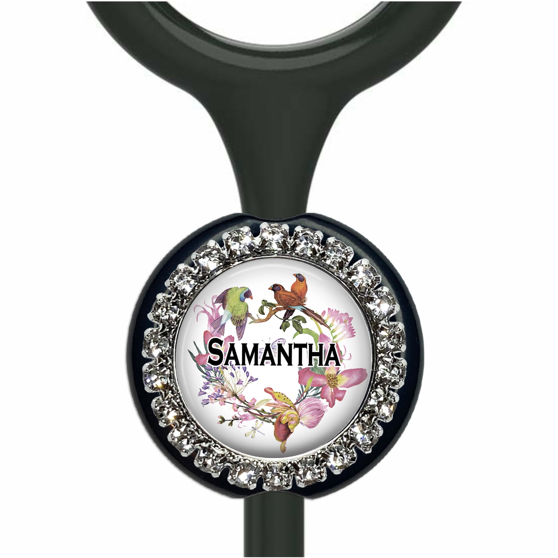 A personalized nameplate with a floral design and a bird motif, featuring the name "SAMANTHA" on the center.