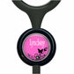 A pink circular button with the name "Lyndsay" written on it, surrounded by black floral designs.