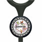 A personalized nameplate with a black handle and a round metal cap featuring a floral design and a bird illustration.